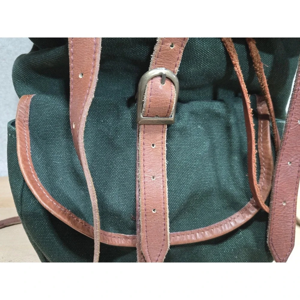 Vintage Green Canvas Leather Rucksack Backpack‎ Cowhide Trim